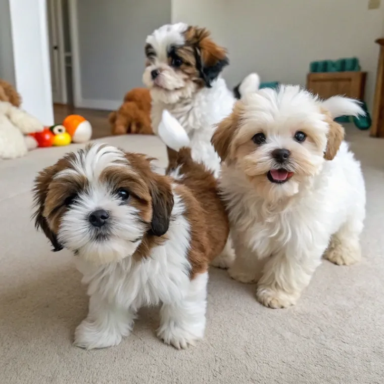 Three Shih-Poo pups playing inside on the carpet