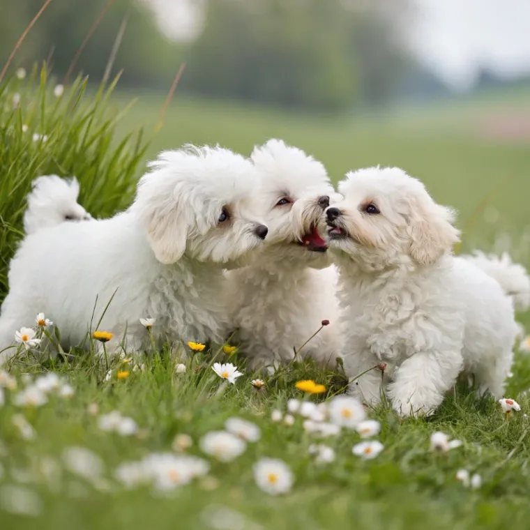 Three Bolognese puppies in a field with flowers in the grass