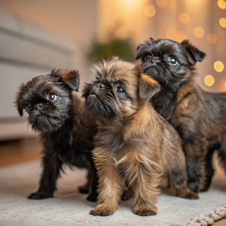 Three adorable Affenpinscher puppies playing on the floor