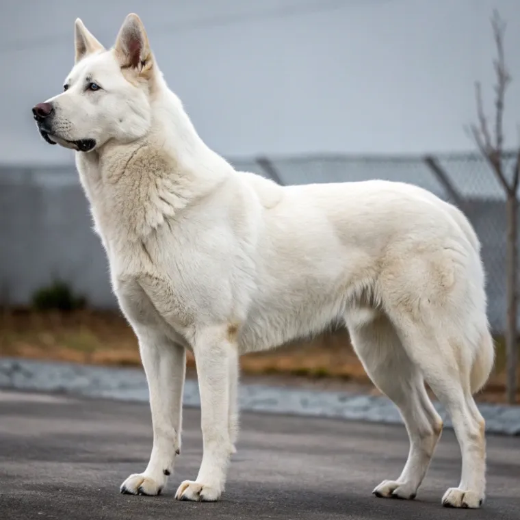 A full body profile image of an Akbash dog with light fur