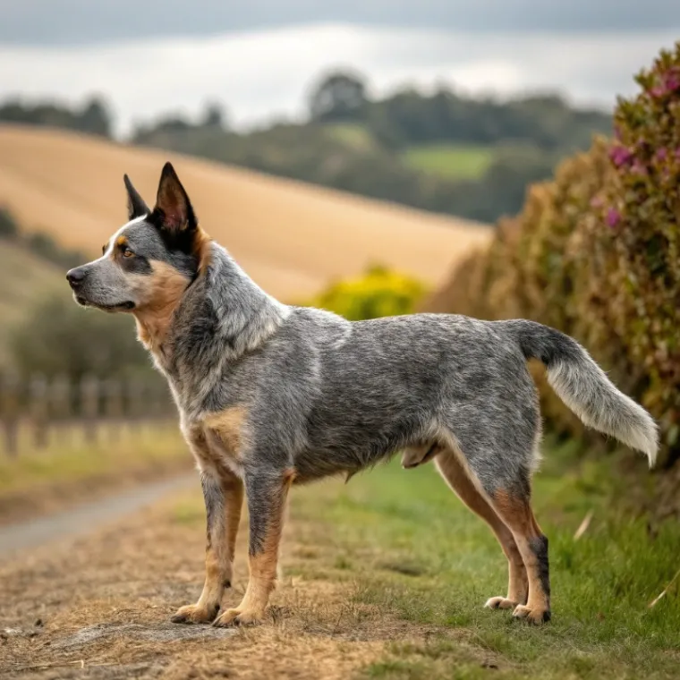 A grey and brown A headshot of an Australian Stumpy Tail Cattle Dog standing sideways with a profile view outside