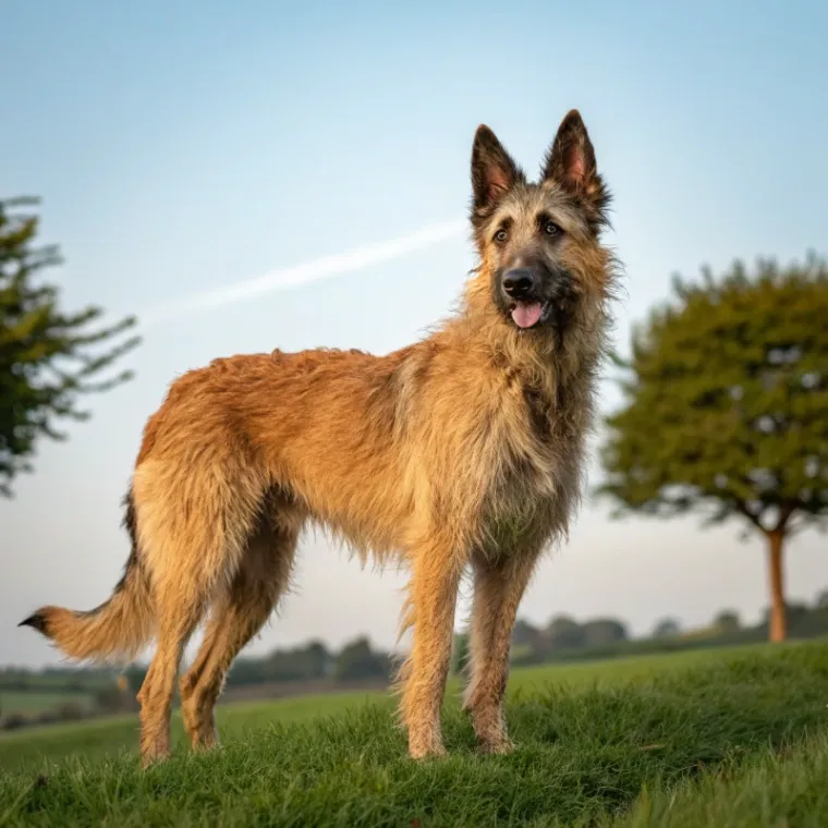 A Belgian Laekenois Dog standing on the grass outside with trees in the background