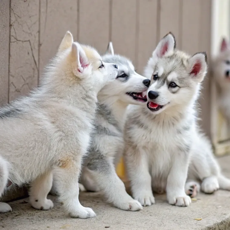Three Alaskan Klee Kai puppies with light fur