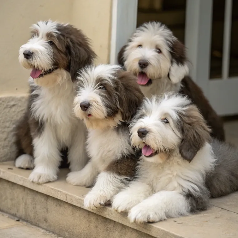 Four Bearded Collie puppies with white and grey fur sitting outside on concrete porch